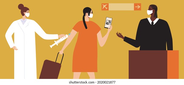 Covid vaccination at the airport, health passport. Flat vector stock illustration. Passenger passport upon boarding. Doctor with a syringe. Passport with QR code. Health safety