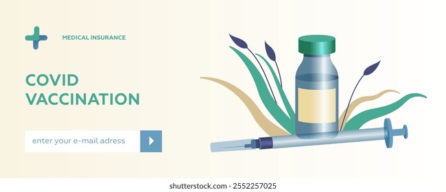 COVID Vaccination. Ampoule with Liquid and Medical Syringe for Injection. Modern Flat Vector Illustration. Website Banner. Social Media Template.
