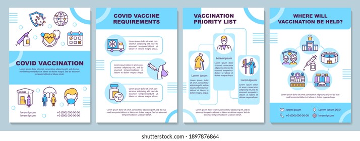 Covid vaccination brochure template. Requirements, priority list. Flyer, booklet, leaflet print, cover design with linear icons. Vector layouts for magazines, annual reports, advertising posters