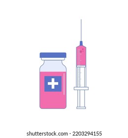 Covid vaccination, isolated substance in bottle and syringe for injection. Healthcare and protecting body organism from diseases. Vector in flat cartoon style