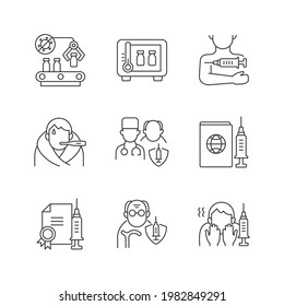 Covid vaccination linear icons set. Pharmaceutical drug production and storage. Disease treatment. Customizable thin line contour symbols. Isolated vector outline illustrations. Editable stroke