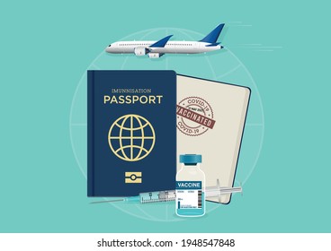 COVID vaccination passport plane globe vial syringe