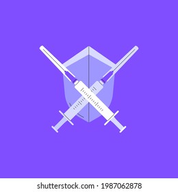 Covid vaccination poster. Composition of a shield and two crossed syringes. 