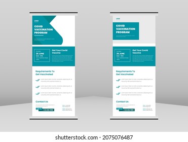 Covid vaccination Roll up Banner Design, Covid vaccination Roll up leaflet template. Injection flyer poster template. Covid vaccination DL Flyer, Trend Business Roll Up Banner Design,
