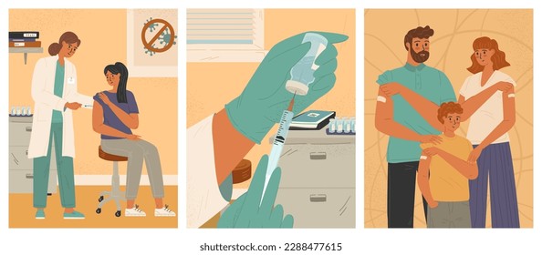 Covid vaccination vector posters set. Nurse giving vaccine injection shot to patient in hospital. Hands hold syringe and vaccine. Happy family just got vaccine jab