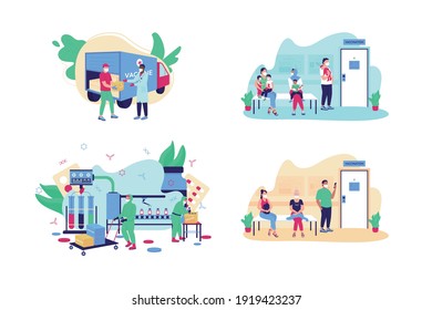 Covid Vaccine Flat Concept Vector Illustration Set. Drug Development. Cure Delivery. Hospital Queue. Patients 2D Cartoon Characters For Web Design. Vaccination Creative Idea Collection