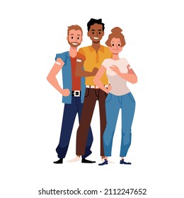 COVID vaccine medical poster. Black male and young white female got vaccinated for coronavirus or other disease. Young happy people stand with bandage over bicep, cartoon vector illustration.