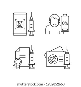 Covid vaccine quality linear icons set. Mobile QR code for passport. Vaccination against coronavirus. Customizable thin line contour symbols. Isolated vector outline illustrations. Editable stroke