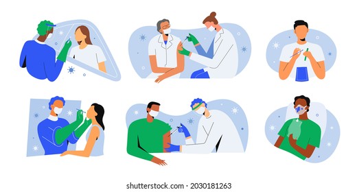 Covid vaccine shot, women and men get vaccinated, tested for coronavirus infection with nasal swab, rapid drive-through PCR test, patient with pneumonia in hospital, vector cartoon illustration