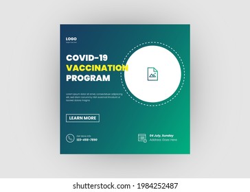 Covid vaccine social media post design. Covid testing and vaccination program promotion. Covid vaccination square flyer design.