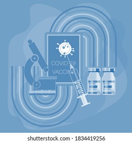 Covid vaccine vector illustration showing coronavirus  vaccine development in a research laboratory with syringe vaccine bottle microscope tablet notes science concept.