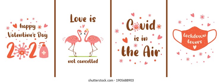 Covid Valentines Card Set. Pink Social Distance Love Banner. Pink Face Mask Heart, Coronavirus Love. Covid Is In The Air Romantic Phrase. Coronavirus Happy Valentines Day Card. Vector Illustration.