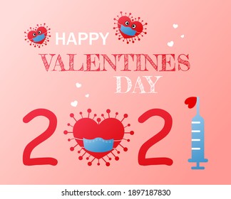 Covid Valentine's day. Quarantine Valentine card, coronavirus symbol in face mask, vaccine syringe. Pink banner of love concept. Vector template for postcard, flyer, banner, sticker, t shirt, etc.