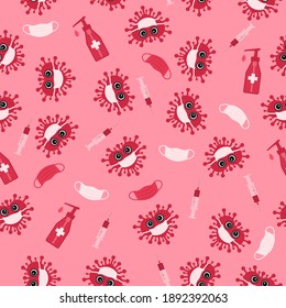 Covid Valentines Day seamless pattern. Cute virus wearing protective mask. Coronavirus pandemic concept. Social distance love vector background for cards, textile, fabric, wrapping paper, etc.