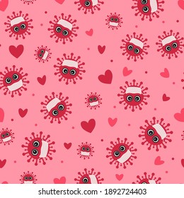 Covid Valentines Day seamless pattern. Cute virus wearing protective mask. Coronavirus pandemic concept. Social distancing love vector background for cards, fabric, textile, wrapping paper, etc.