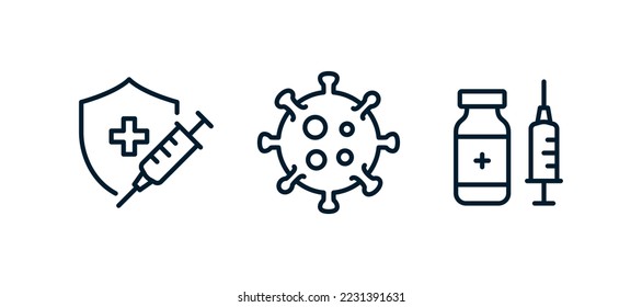 Covid vector line icon set. Coronavirus Safety flat linear icons. COVID-19 vaccine protection icons. Shield, Syringe, virus, medical bottle icons. Vector illustration