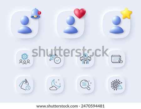 Covid virus, Accounting and Time management line icons. Placeholder with 3d bell, star, heart. Pack of Sharing economy, Qr code, Skin condition icon. Night weather, Coronavirus pictogram. Vector