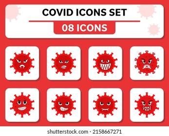 Covid Virus Cartoon Icon Set On White And Red Square Background.