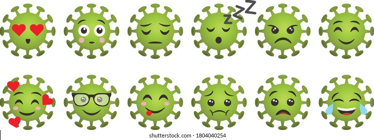 Covid Virus Emoji Illustration. Cute Vector Icons Set. Green Emoticons Ideal For Web, Stickers, Blogs, Apps, Prints, Cards, Etc. Funny And Childish Emotions