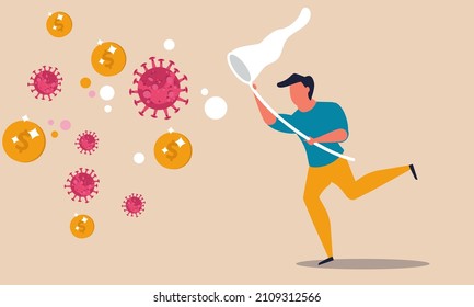 Covid virus future and man hunt on coin. Problem and motivation strategy people and stimulus vector horizontal illustration concept. Finance risk and crisis dividend economy. Business support investor