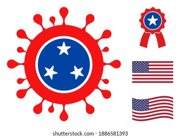 Covid Virus Icon In Blue And Red Colors With Stars. Covid Virus Illustration Style Uses American Official Colors Of Democratic And Republican Political Parties, And Star Shapes.