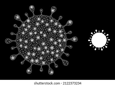 Covid Virus Icon And Constellation Mesh Covid Virus Structure With Illuminated Light Spots. Illuminated Constellation Is Generated From Covid Virus Vector Icon And Triangle Mesh.