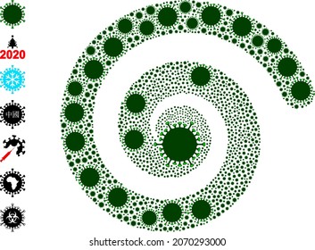 Covid virus icon spiral rotation mosaic. Covid virus symbols are shaped into cycle mosaic structure. Element whirlpool designed from randomized covid virus symbols. Some bonus icons are designed.