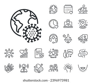 Covid-Viruszeichen. Online-Arzt, Patient und Medizin umreißen Symbole. Symbol für eine Pandemie mit Coronavirus. Globales Infektionssymbol. Schild für eine Pandemie mit Coronavirus. Vektorgrafik