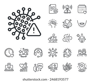 Covid virus sign. Online doctor, patient and medicine outline icons. Coronavirus line icon. Infection alert symbol. Covid virus line sign. Veins, nerves and cosmetic procedure icon. Intestine. Vector