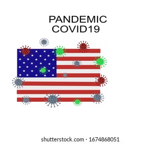 The Covid virus is spreading in America. The american flag on a white background