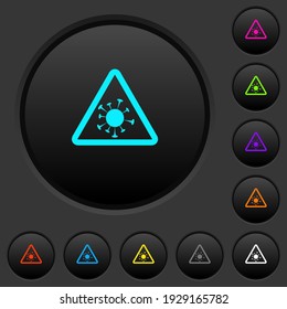 Covid warning dark push buttons with vivid color icons on dark grey background