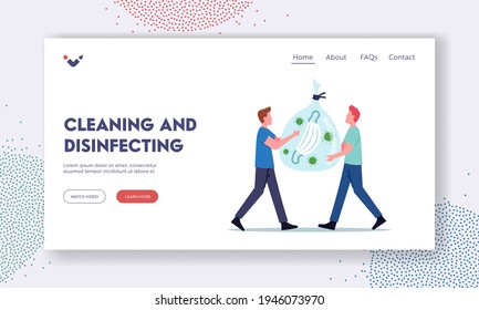 Covid Waste Recycling Landing Page Template. Characters Carry Litter Sack with Used Medical Mask and Coronavirus Cells Inside. Bio Hazard in Container, Pandemic. Cartoon People Vector Illustration