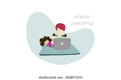 Covid, Woman Working From Home with Daughter. Home Office with Children at Corona Quarantine. Young Woman at a Desk with Laptop, Her Daughter Wants to Play. Working from Home Flat Cartoon Illustration