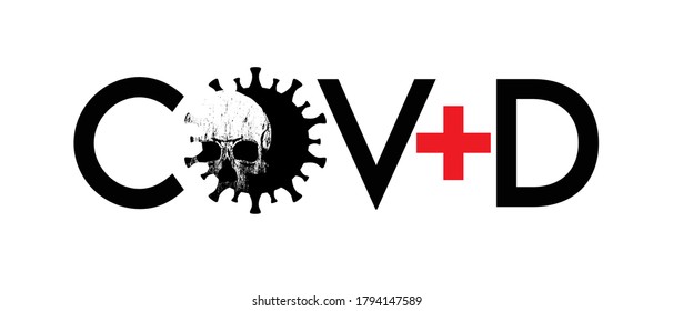 Covid - Word mixed with vector heart instead of sign of coronavirus. Vector illustration of a skull inside the coronavirus outline isolated on white