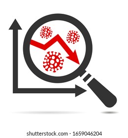 COVID-19, 2019-nCoV Abstract virus strain model corona virus disease and red arrow on graph under magnifying glass. Сoncept of global trade market and economy falling due to novel coronavirus outbreak