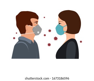 COVID-19, 2019-nCoV concept. Woman and man with medical face mask and coronavirus in the air, vector illustration