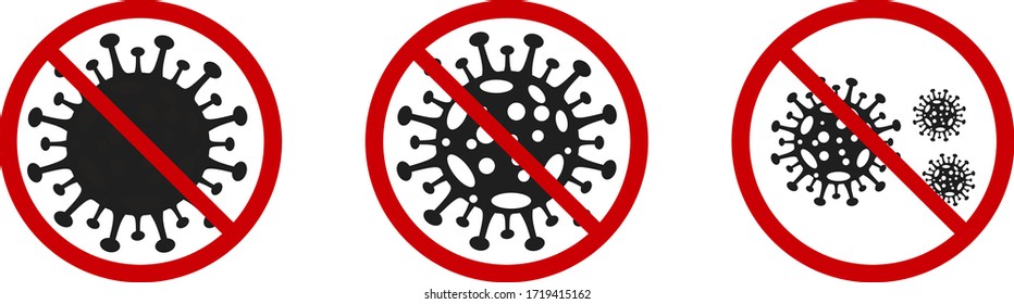 Covid-19, 2019-nCoV. Coronavirus covid 19, 2019 nCoV warning. Novel virus is crossed out with red STOP sign. Stop corona-virus pandemic medical concept with dangerous cells. Vector illustration