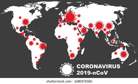 Covid-19, 2019-nCoV, Coronavirus disease World map vector illustration in B&W. Map shows how coronavirus is spreading worldwide.