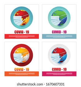 Covid-19 (2019-nCoV). Mask with globe concept for save the world with Covid-19 virus. Danger symbol vector illustration.
