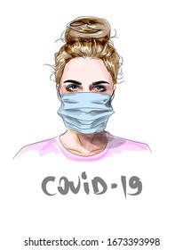 COVID-19, 2019-nCoV, woman with a blue medical mask. The concept of stopping a new coronavirus outbreak worldwide. People face a respiratory protective mask and Covid-19 disease. Spread of the virus. 