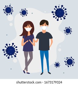 COVID-19, 2019-nCoV, woman and man in white medical face mask. Illustrations concept coronavirus COVID-19. virus wuhan from china.