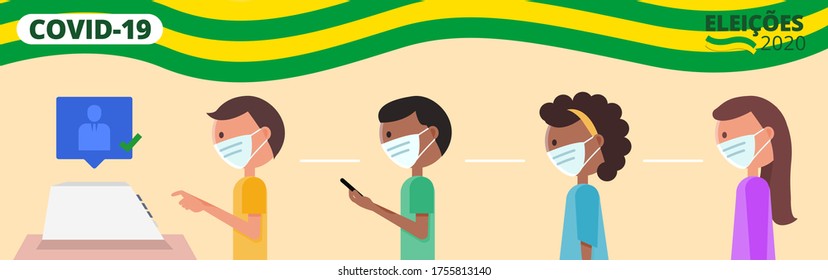 Covid-19 - 2020 Elections - Brazil People Voting Queue With Protective Mask – Vector