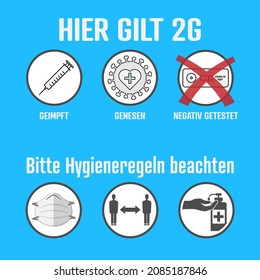 Covid-19 2G rules and hygiene measures sign in German language, access only for vaccinated (GEIMPFT) and recovered (GENESEN) persons, vector illustration