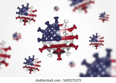 COVID-19 . 3D floating corona virus with America ( USA ) flag and depth of field . Vignette background . Vector .