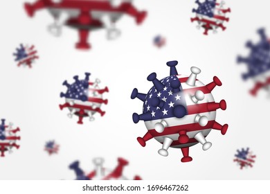 COVID-19 . 3D floating corona virus with America ( USA ) flag and depth of field . Vignette background . Vector .