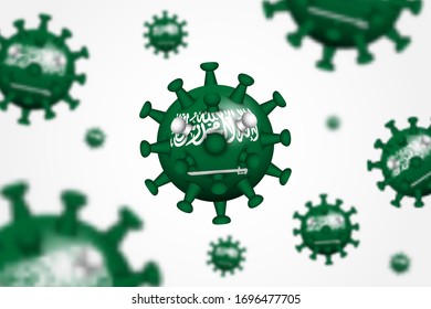 COVID-19 . 3D floating corona virus with Saudi arabia flag and depth of field . Vignette background . Vector .