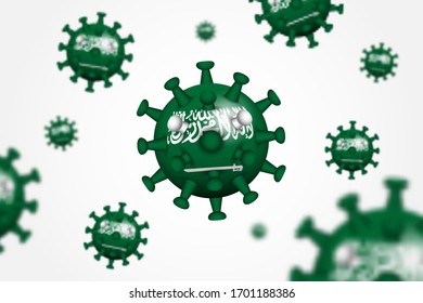 COVID-19 . 3D floating corona virus with Saudi arabia flag and depth of field . Vignette background . Vector .