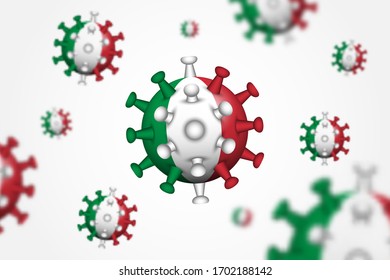 COVID-19 . 3D floating corona virus with Italy flag and depth of field . Vignette background . Vector .
