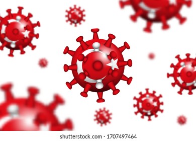 COVID-19 . 3D floating corona virus with Turkey flag and depth of field . White isolated background . Vector .