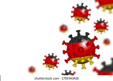 COVID-19 . 3D floating corona virus with Germany flag on white isolated background with copy space at left area for fill text . Shallow depth of field design . Vector .